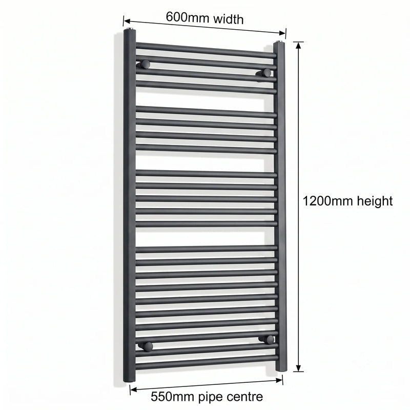 600mm x 1200mm Anthracite Flat Towel Rail Dimensions and Specification Diagram