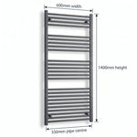 600mm x 1400mm Anthracite Flat Towel Rail Dimensions and Specification Diagram