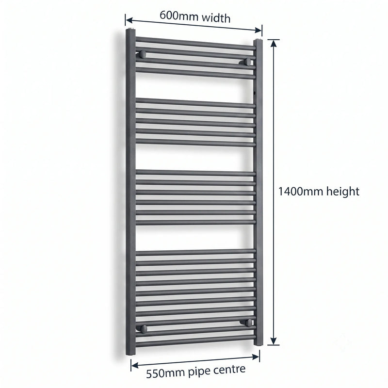 600mm x 1400mm Anthracite Flat Towel Rail Dimensions and Specification Diagram