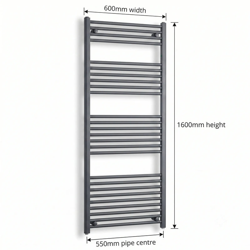 600mm x 1600mm Anthracite Flat Towel Rail Dimensions and Specification Diagram
