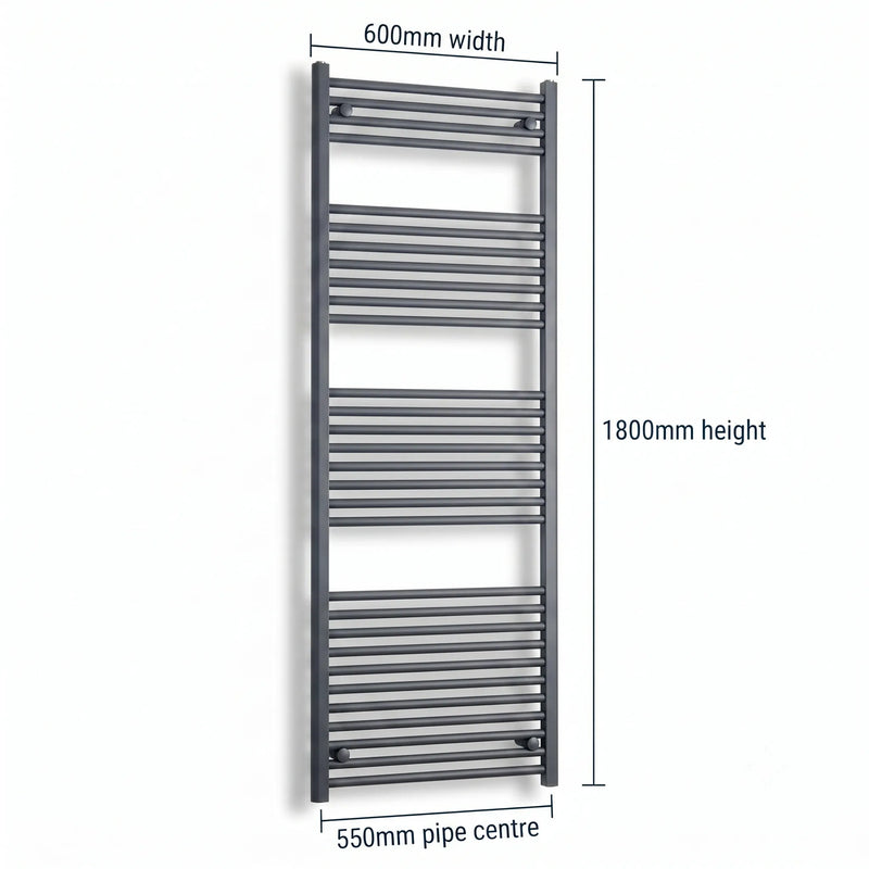 600mm x 1800mm Anthracite Flat Towel Rail Dimensions and Specification Diagram