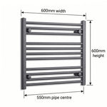 600mm x 600mm Anthracite Flat Towel Rail Dimensions and Specification Diagram