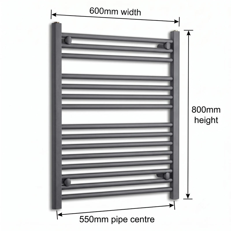 600mm x 800mm Anthracite Flat Towel Rail Dimensions and Specification Diagram