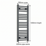 300mm x 1000mm Matt Black Electric Towel Rail Dimensions