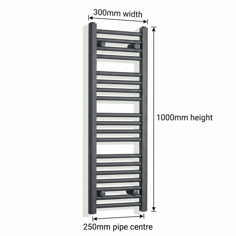 300mm x 1000mm Matt Black Electric Towel Rail Dimensions