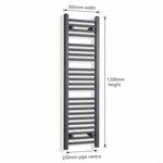 300mm x 1200mm Matt Black Electric Towel Rail Dimensions
