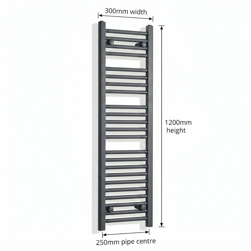 300mm x 1200mm Matt Black Electric Towel Rail Dimensions