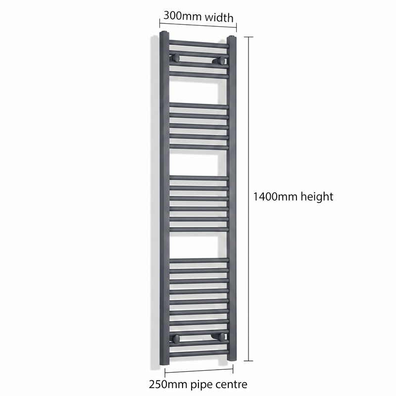 300mm x 1400mm Matt Black Electric Towel Rail Dimensions
