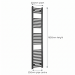 300mm x 1800mm Matt Black Electric Towel Rail Dimensions