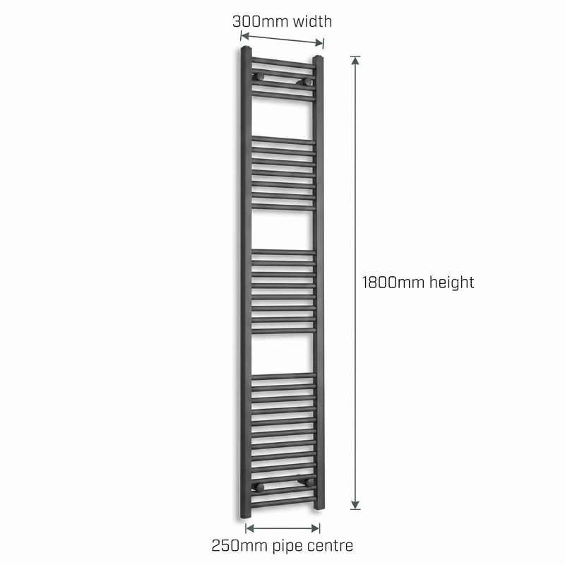 300mm x 1800mm Matt Black Electric Towel Rail Dimensions