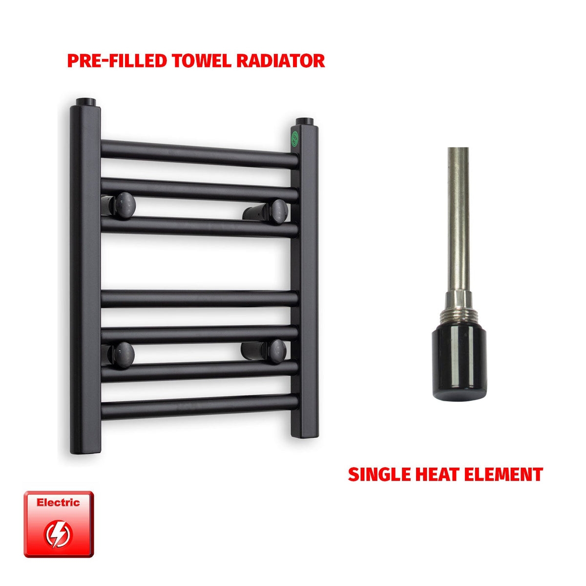 400 x 300 Flat Black Pre-Filled Electric Heated Towel Radiator HTR Single No Timer