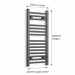 300mm x 800mm Matt Black Electric Towel Rail Dimensions