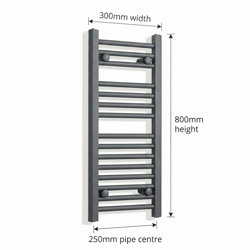300mm x 800mm Matt Black Electric Towel Rail Dimensions