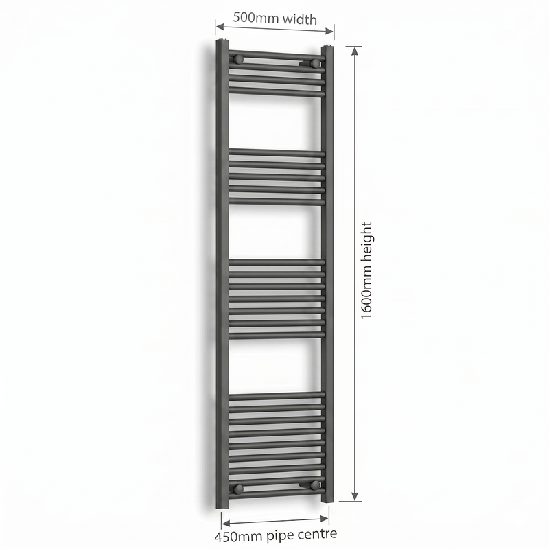 500mm x 1600mm Matt Black Electric Towel Rail Dimensions