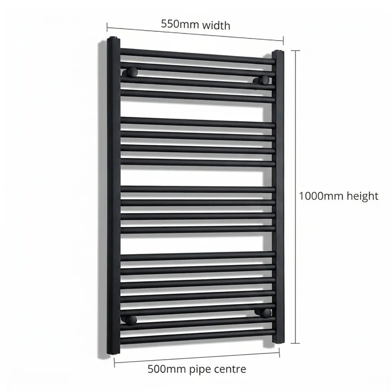550mm x 1000mm Black Flat Towel Rail Dimensions and Specification Diagram