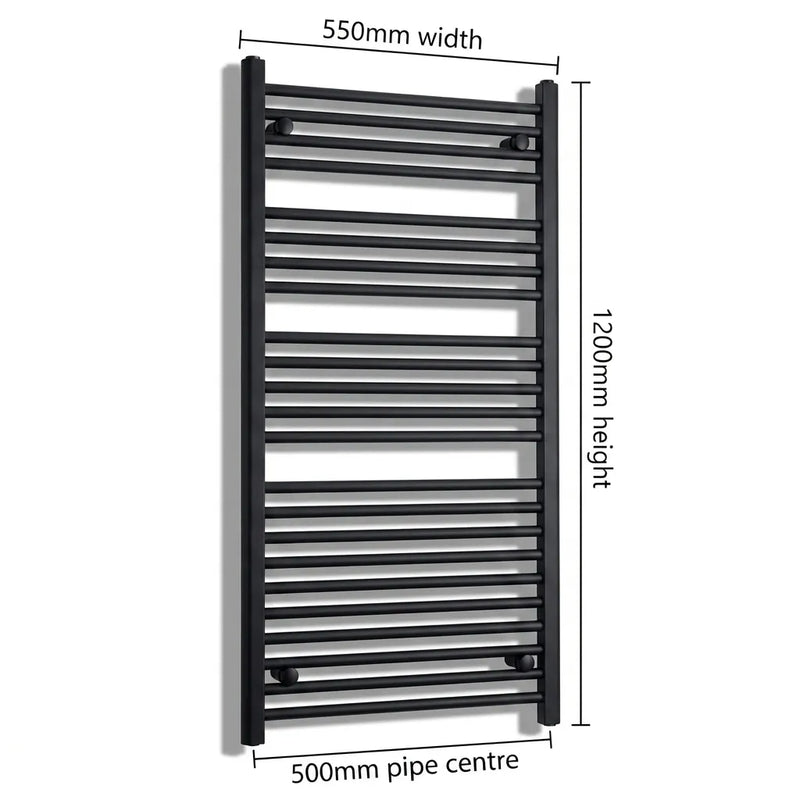 550mm x 1200mm Black Flat Towel Rail Dimensions and Specification Diagram