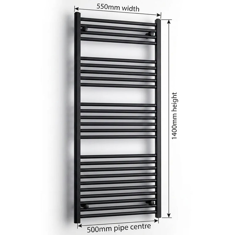 550mm x 1400mm Black Flat Towel Rail Dimensions and Specification Diagram
