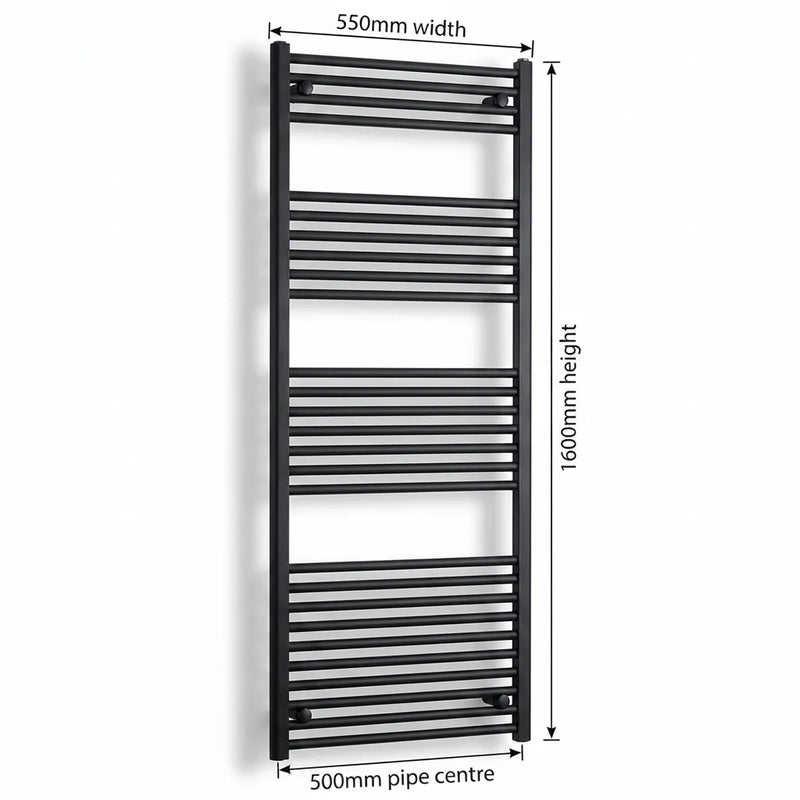 550mm x 1600mm Black Flat Towel Rail Dimensions and Specification Diagram