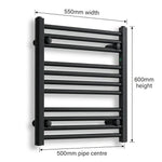550mm x 600mm Black Flat Towel Rail Dimensions and Specification Diagram