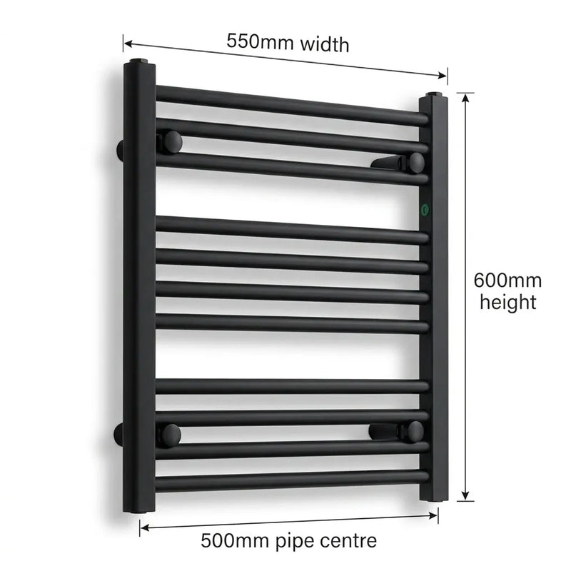550mm x 600mm Black Flat Towel Rail Dimensions and Specification Diagram