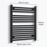 550mm x 800mm Black Flat Towel Rail Dimensions and Specification Diagram