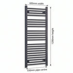 600mm x 1200mm Black Flat Towel Rail Dimensions and Specification Diagram