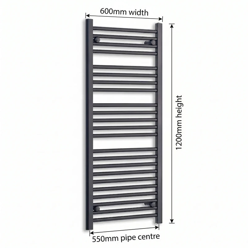 600mm x 1200mm Black Flat Towel Rail Dimensions and Specification Diagram
