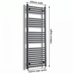 600mm x 1400mm Black Flat Towel Rail Dimensions and Specification Diagram