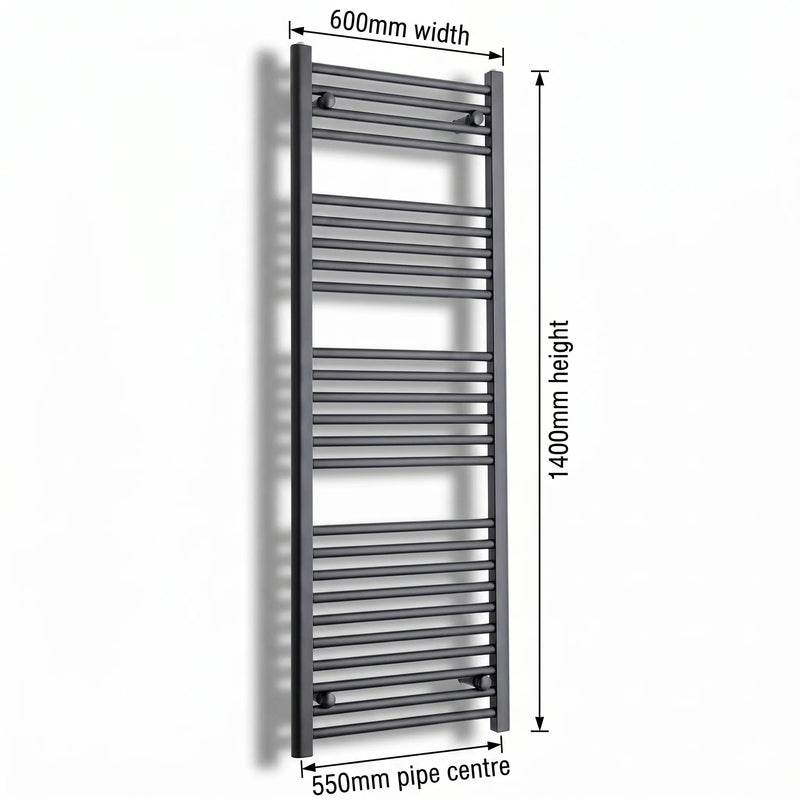 600mm x 1400mm Black Flat Towel Rail Dimensions and Specification Diagram