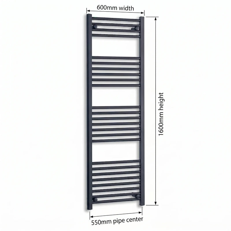 600mm x 1600mm Black Flat Towel Rail Dimensions and Specification Diagram