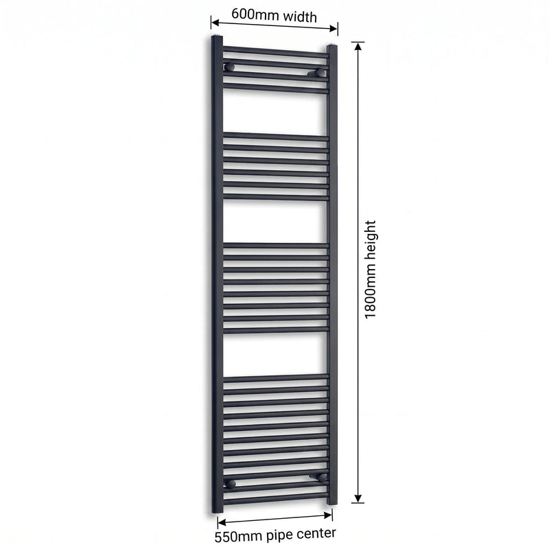 600mm x 1800mm Black Flat Towel Rail Dimensions and Specification Diagram