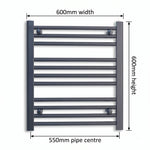 600mm x 600mm Black Flat Towel Rail Dimensions and Specification Diagram