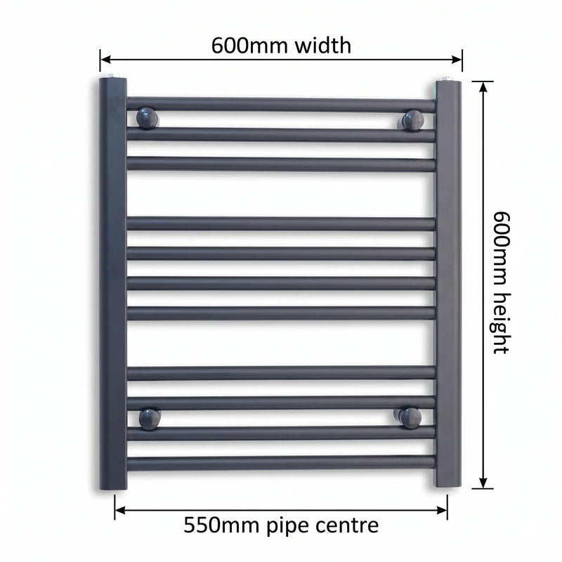 600mm x 600mm Black Flat Towel Rail Dimensions and Specification Diagram