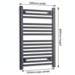 600mm x 800mm Black Flat Towel Rail Dimensions and Specification Diagram