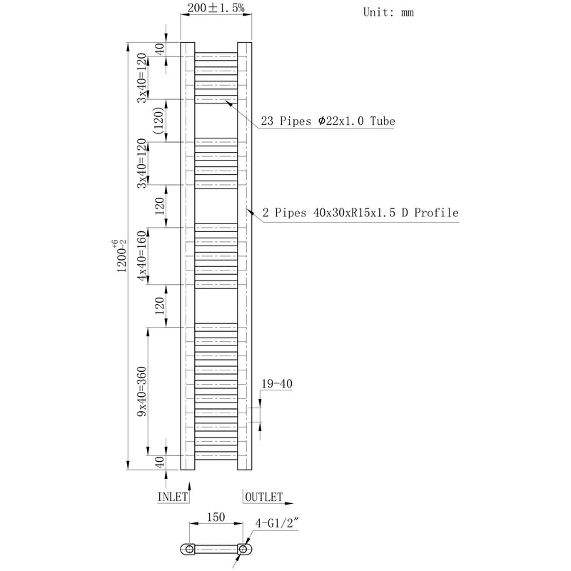 1200x200mm Pre Filled Electric Towel Rail Straight Chrome