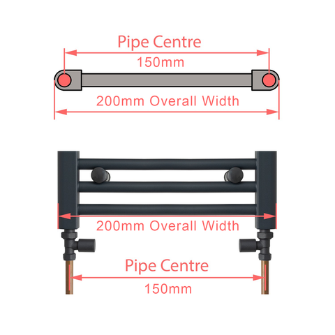 200mm wide towel rail pipe centre measurement diagram
