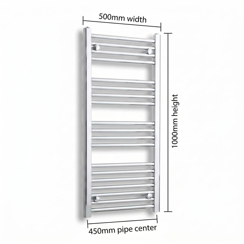 500mm x 1000mm Chrome Flat Towel Rail Dimensions and Specification Diagram