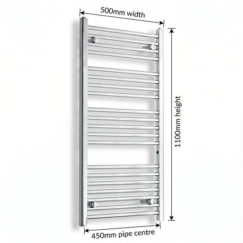 500mm x 1100mm Chrome Flat Towel Rail Dimensions and Specification Diagram