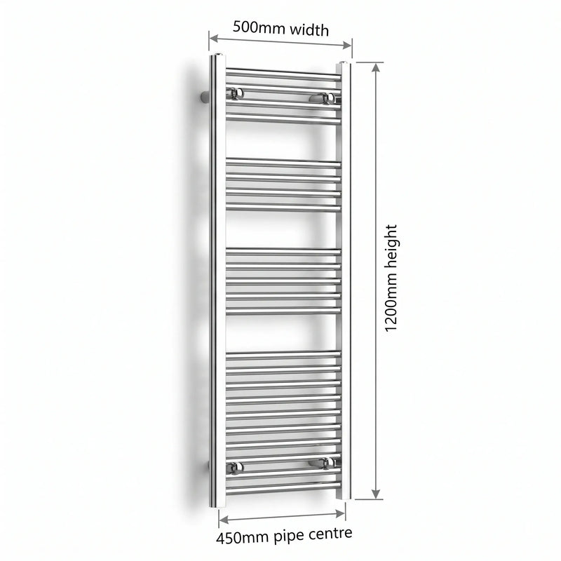 500mm x 1200mm Chrome Flat Towel Rail Dimensions and Specification Diagram