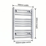 500mm x 600mm Chrome Flat Towel Rail Dimensions and Specification Diagram