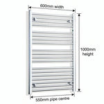 600mm x 1000mm Chrome Flat Towel Rail Dimensions and Specification Diagram
