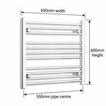 600mm x 600mm Chrome Flat Towel Rail Dimensions and Specification Diagram