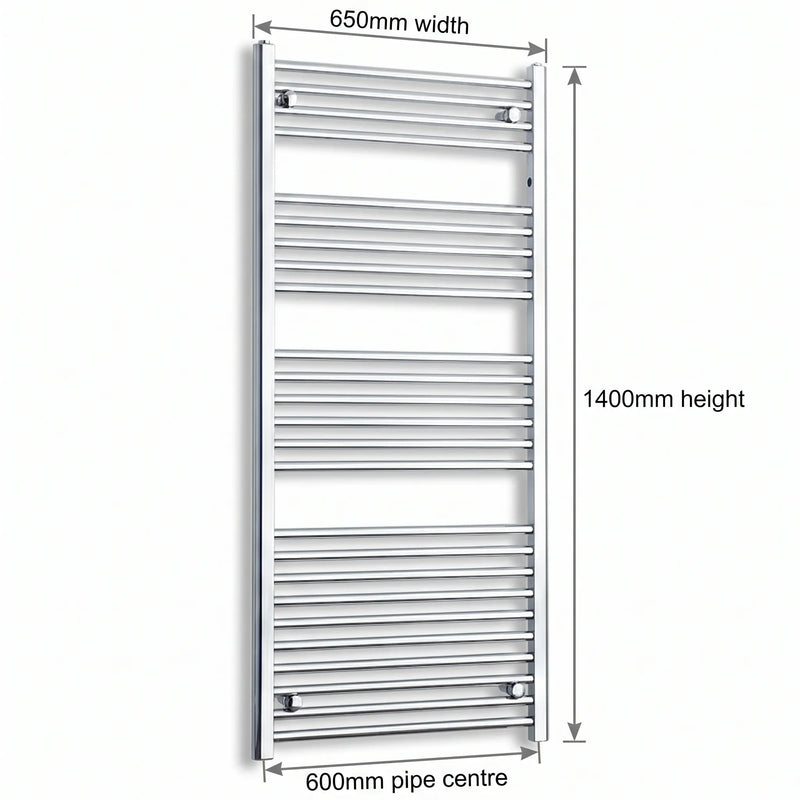 650mm x 1400mm Chrome Flat Towel Rail Dimensions and Specification Diagram