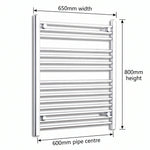650mm x 800mm Chrome Flat Towel Rail Dimensions and Specification Diagram