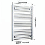 700mm x 1000mm Chrome Flat Towel Rail Dimensions and Specification Diagram