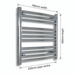 700mm x 600mm Chrome Flat Towel Rail Dimensions and Specification Diagram