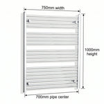 750mm x 1000mm Chrome Flat Towel Rail Dimensions and Specification Diagram