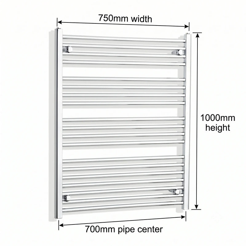 750mm x 1000mm Chrome Flat Towel Rail Dimensions and Specification Diagram