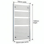 750mm x 1200mm Chrome Flat Towel Rail Dimensions and Specification Diagram
