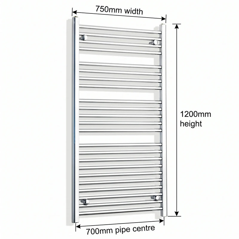 750mm x 1200mm Chrome Flat Towel Rail Dimensions and Specification Diagram